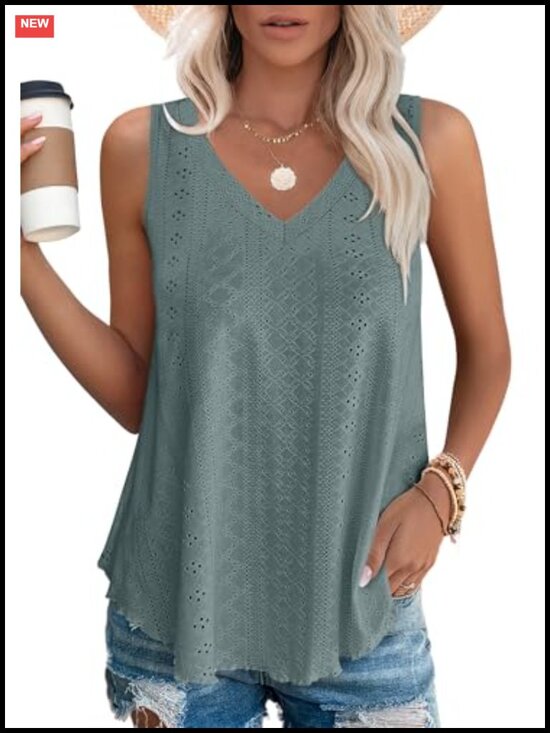 Tops - Womens V Neck Sleeveless Tank Top Loose Fit Flowy Summer Casual